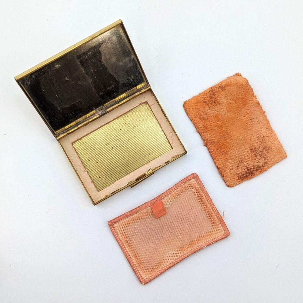 Vintage Evans Two-Tone Loose Powder Compact Yellow Rose Gold Tone w Puff & Mesh - Picture 3 of 11